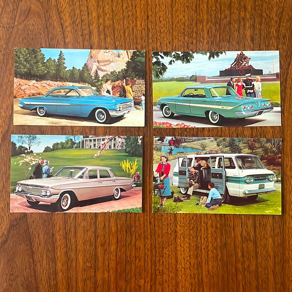 Set of 4 vintage 1961 Chevy postcards